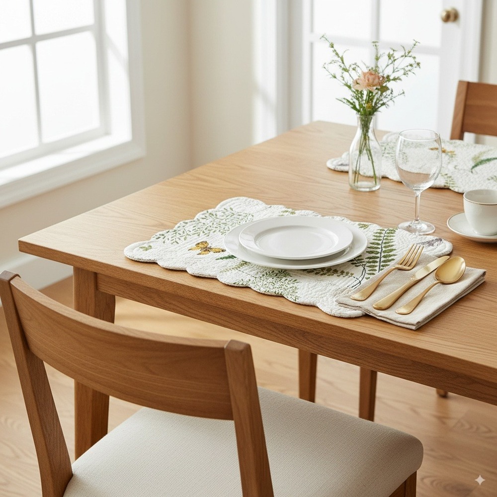 Botanical Fern Quilted Placemats Set of 4 Green White Reversible Scalloped Edge